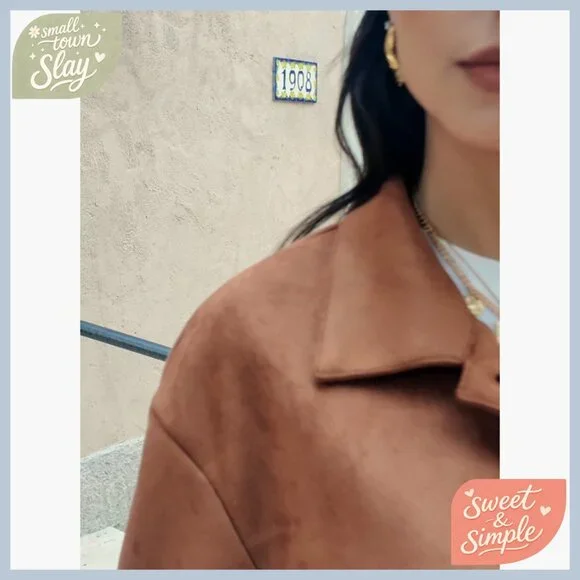 Cropped Faux Suede Jacket Lapel Collar Button Down Casual Winter Shacket - Picture 6 of 6